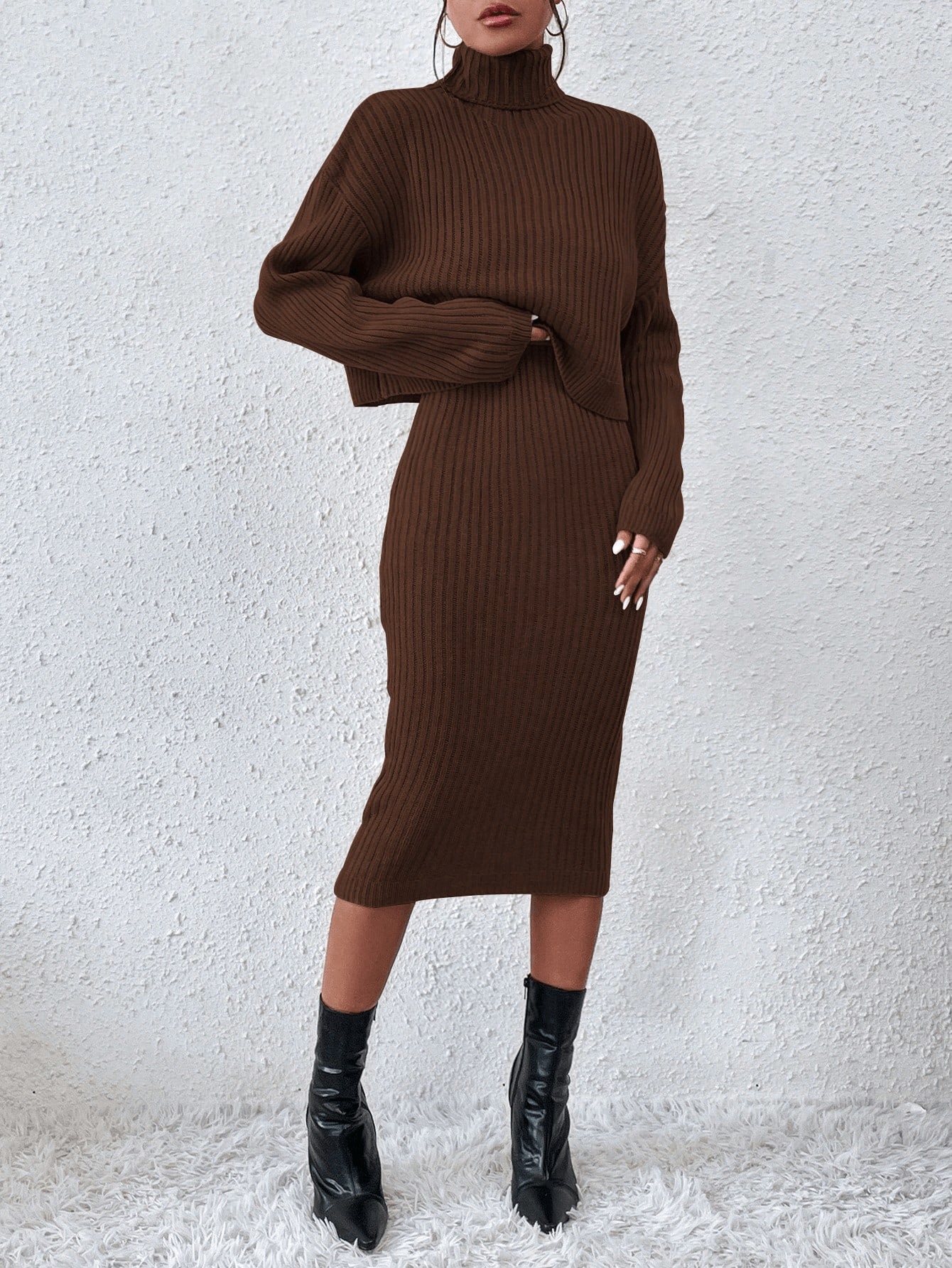 Knitted Skirt & Shoulder Turtleneck Sweater Set