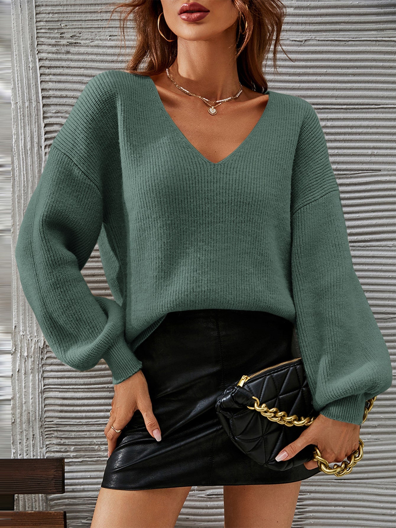 French V-Neck Shoulder-Down Lantern Sleeve Sweater