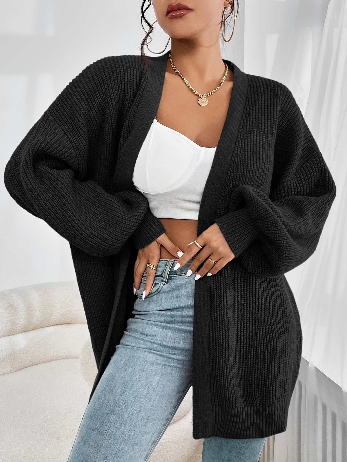 Black Ribbed Knit Shoulder Length Cardigan