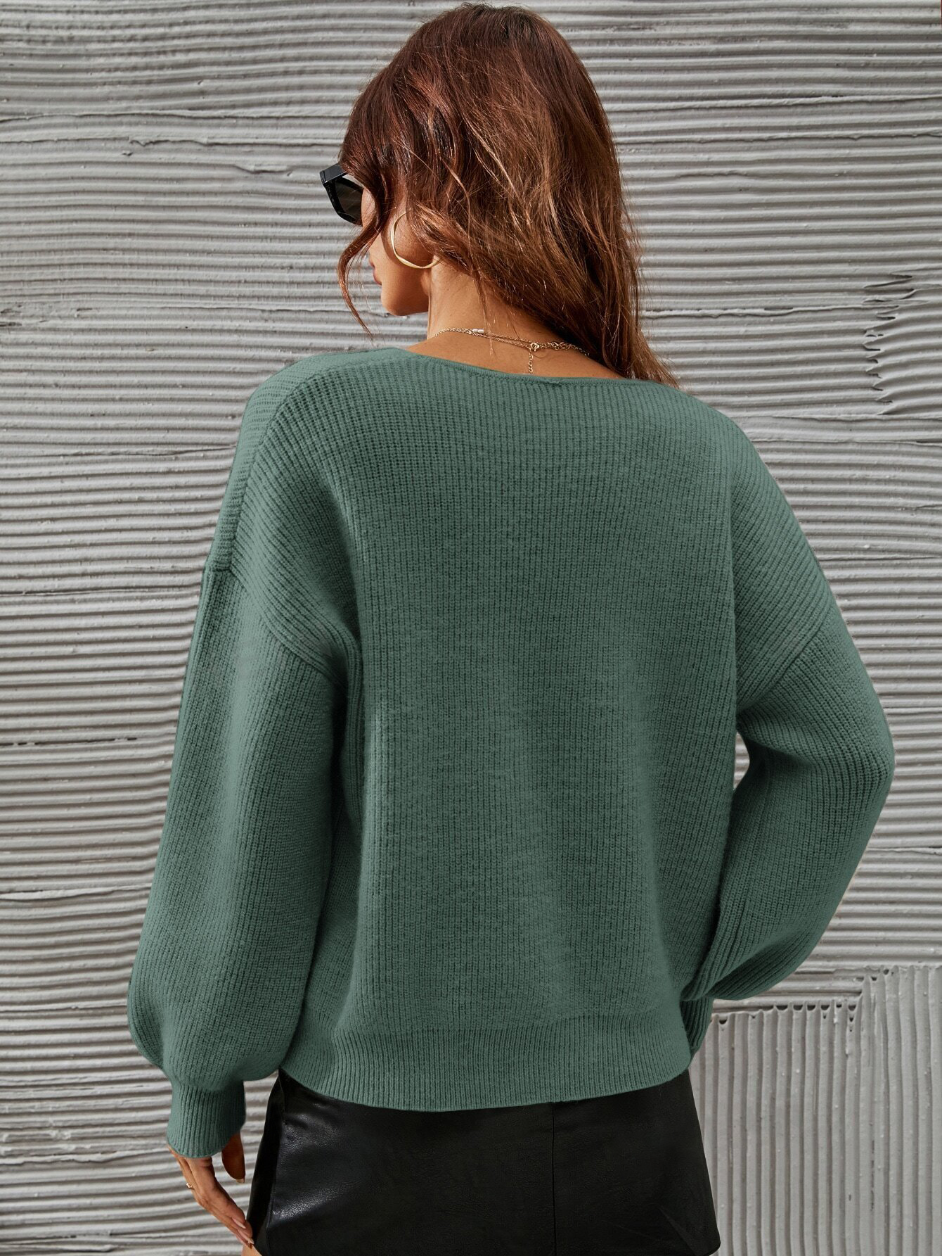 French V-Neck Shoulder-Down Lantern Sleeve Sweater