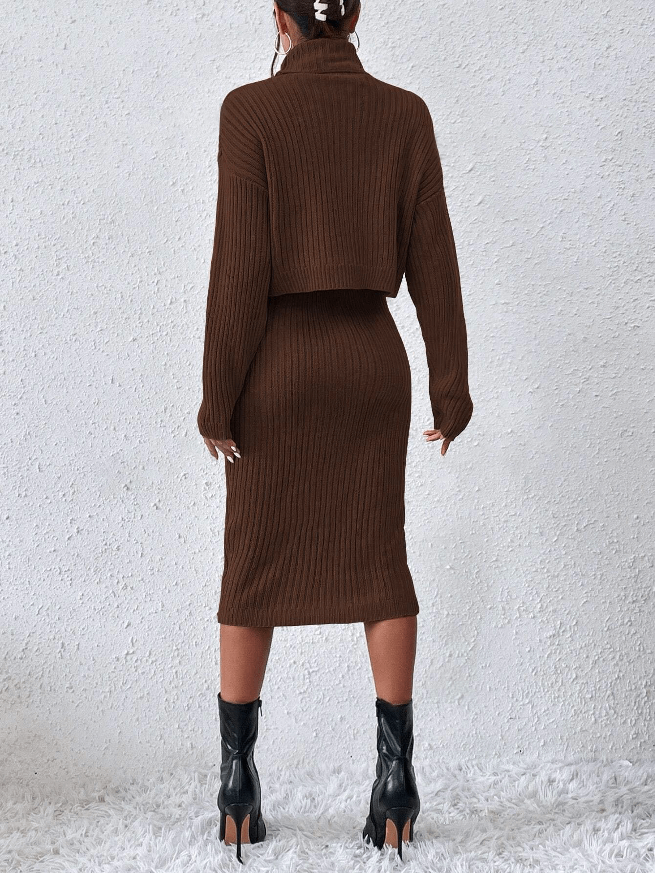 Knitted Skirt & Shoulder Turtleneck Sweater Set