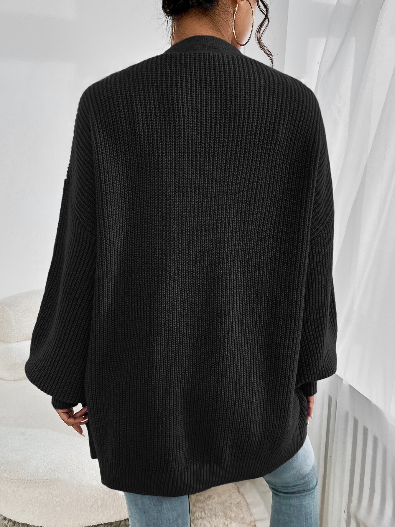 Black Ribbed Knit Shoulder Length Cardigan