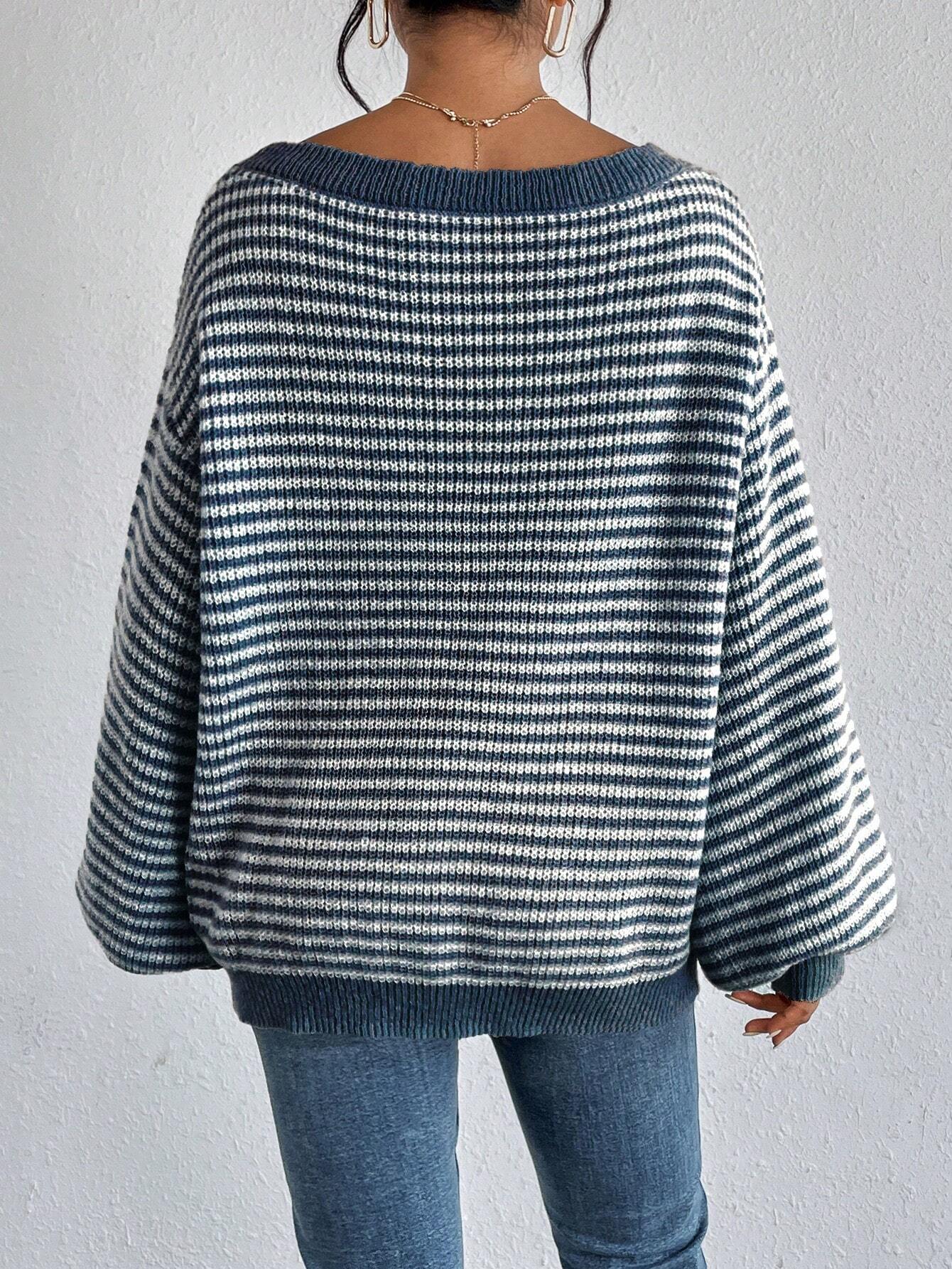 Loose Knit Sweater with Dropped Shoulders and Stripes