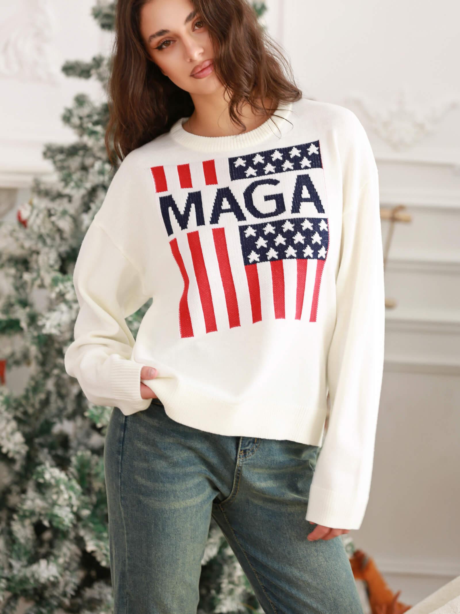 Oversized MAGA American Flag Knit Drop Shoulder Sweater