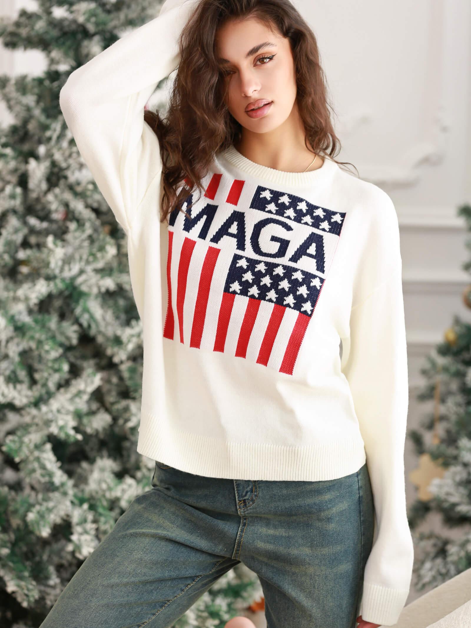 Oversized MAGA American Flag Knit Drop Shoulder Sweater