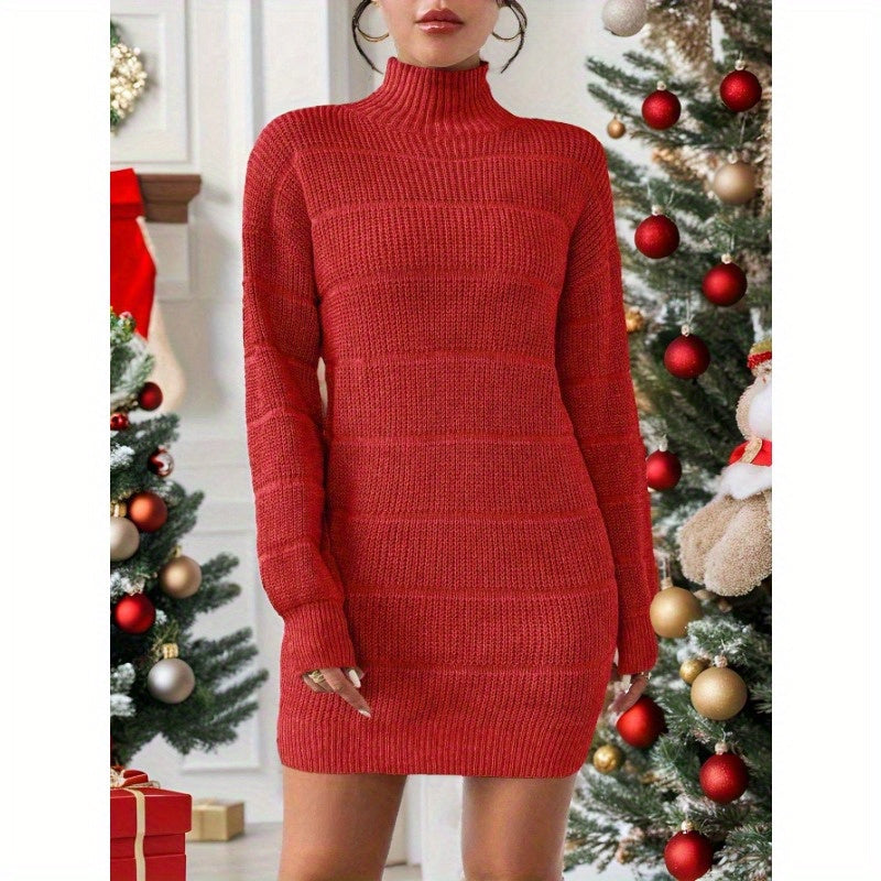 Casual Solid Color Stand Collar Christmas Sweater Dress Autumn Winter